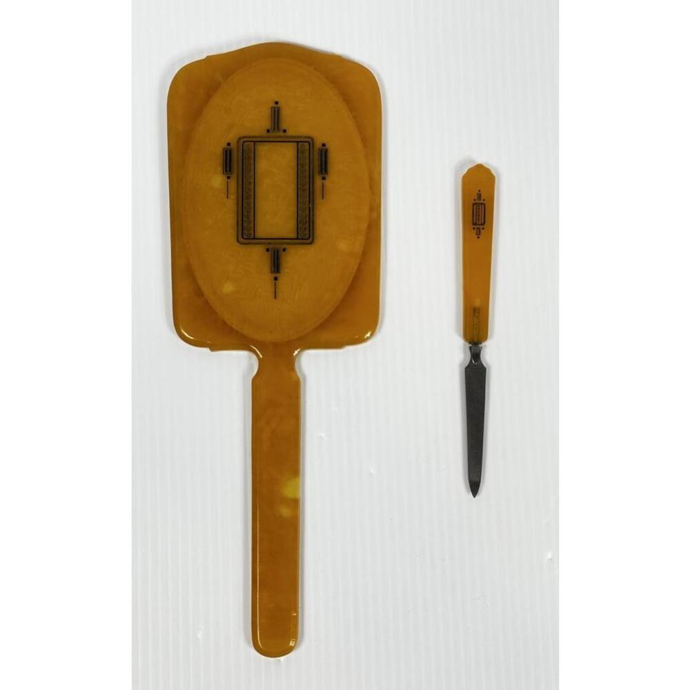 Vintage Art Deco Dressing Table Art-Y-Zan Butterscotch Vanity Mirror Nail File